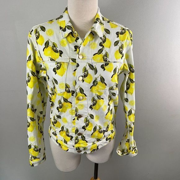 NWOT L'AGENCE Yellow Celine Lemon Print Stretch Cotton Trucker Jacket (S) - Picture 5 of 13